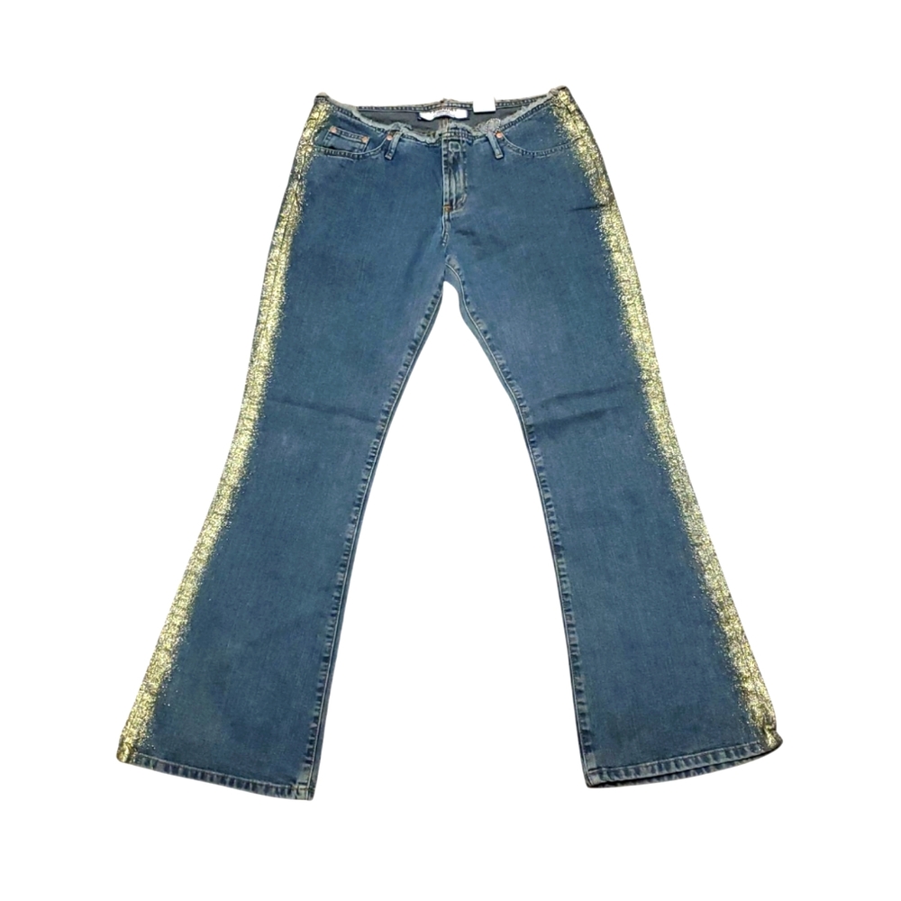 Vintage Paris Blues Womens 2000s y2k Raw Hem Super Lowrise Glitter Flared Jeans